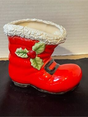 Hand Crafted Red Ceramic Holiday Boot Planter with Cream Cuff and Green Holly 4”